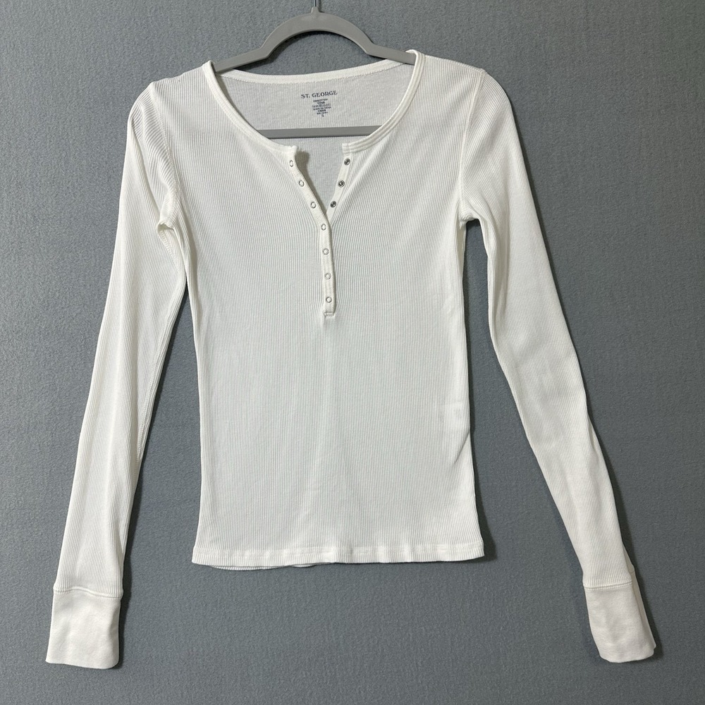 St George Ribbed Henley Shirt Women's Small White Cotton Snap Thermal Y2K